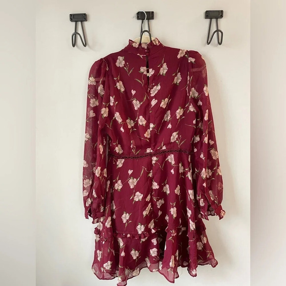 LucyParis, burgundy floral high neck dress with sheer puff sleeves, size XS, EUC - Picture 2 of 8